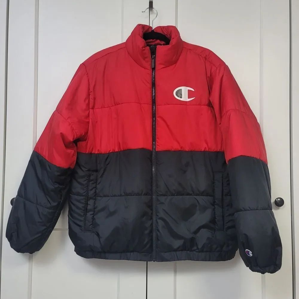 Champion Men's Stadium Colorblocked Red and Black Puffer Jacket, Large - Picture 2 of 9